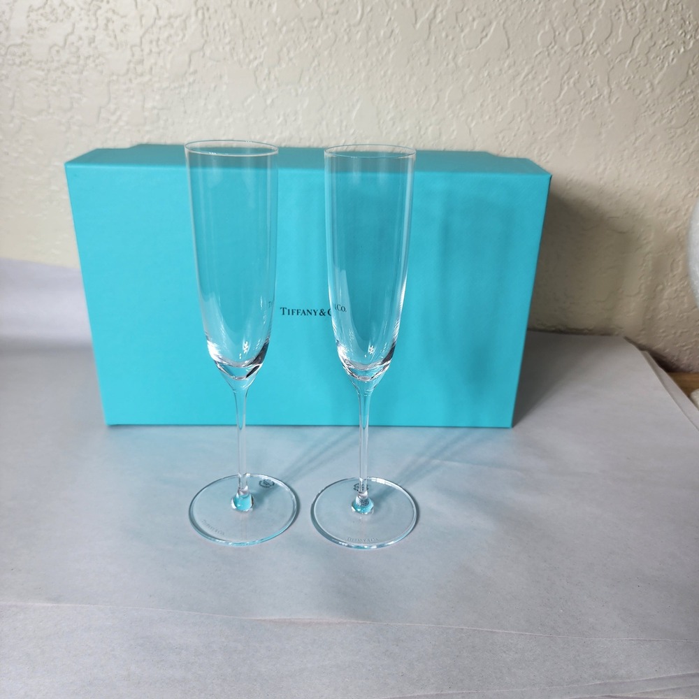 Tiffany & Co Crystal Champagne Flutes Set of 2 Germany with Box